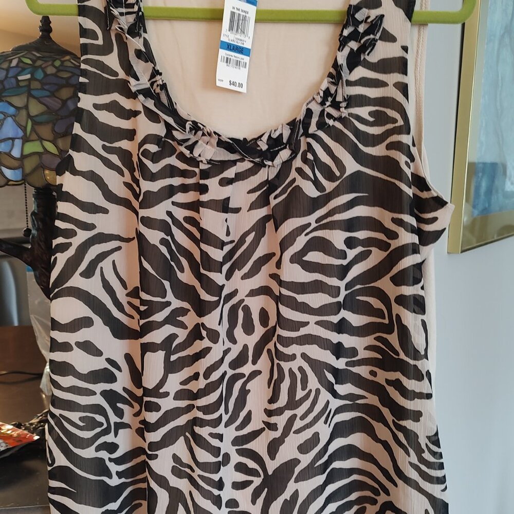 NWT Charter Club Womens Tan Black Animal Print Chiffon Sleeveless Blouse Size XL